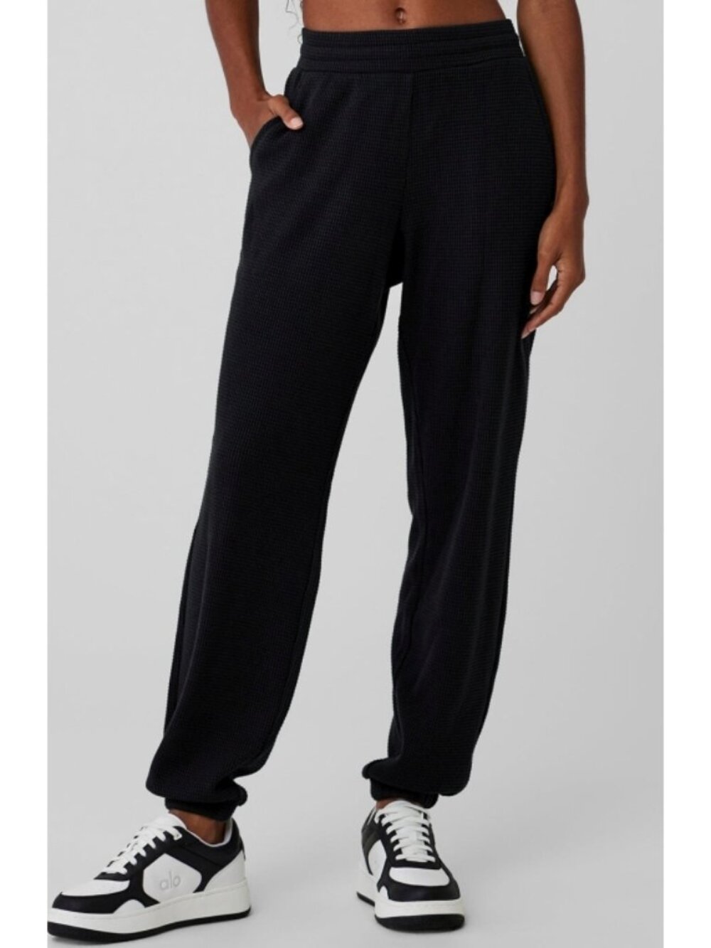 Alo Waffle Weekend Escape Joggers Black High-Rise Waist Thermal Sweats Sweatpant